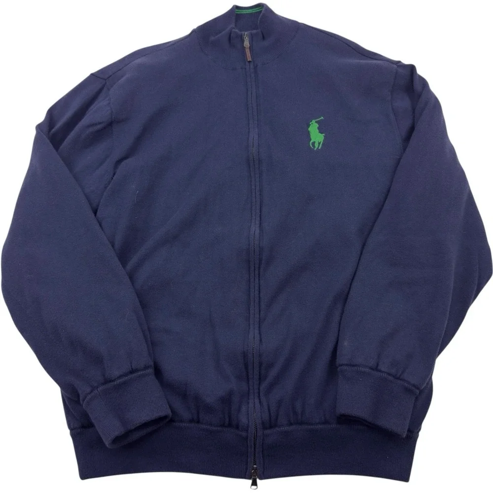 Polo Ralph Lauren Blue w/ Green Large Logo Full Double Zip Sweater Men's Size XL